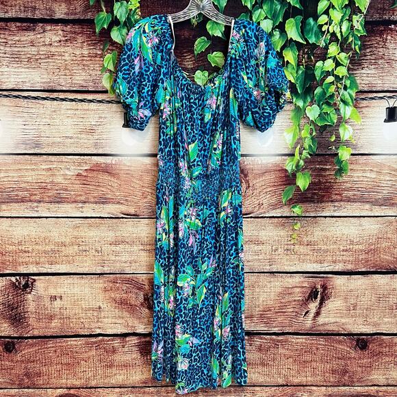 Lilly Pulitzer Camille Dress Formentera Turquoise XL Midi Floral Cheetah Puff - Picture 3 of 7